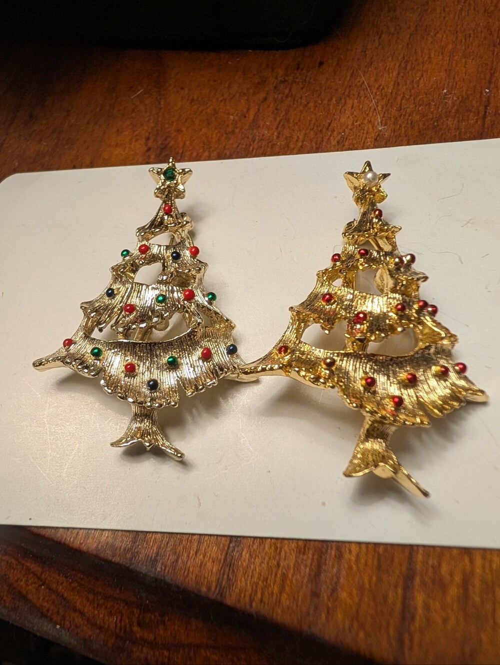 Two Christmas Tree Pins Brooch One Gold-Tone One Silvertone Red Green Vintage